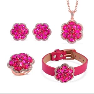 4 Piece Fuchsia and White Austrian Crystal Jewelry Set ring earrings, bracelet